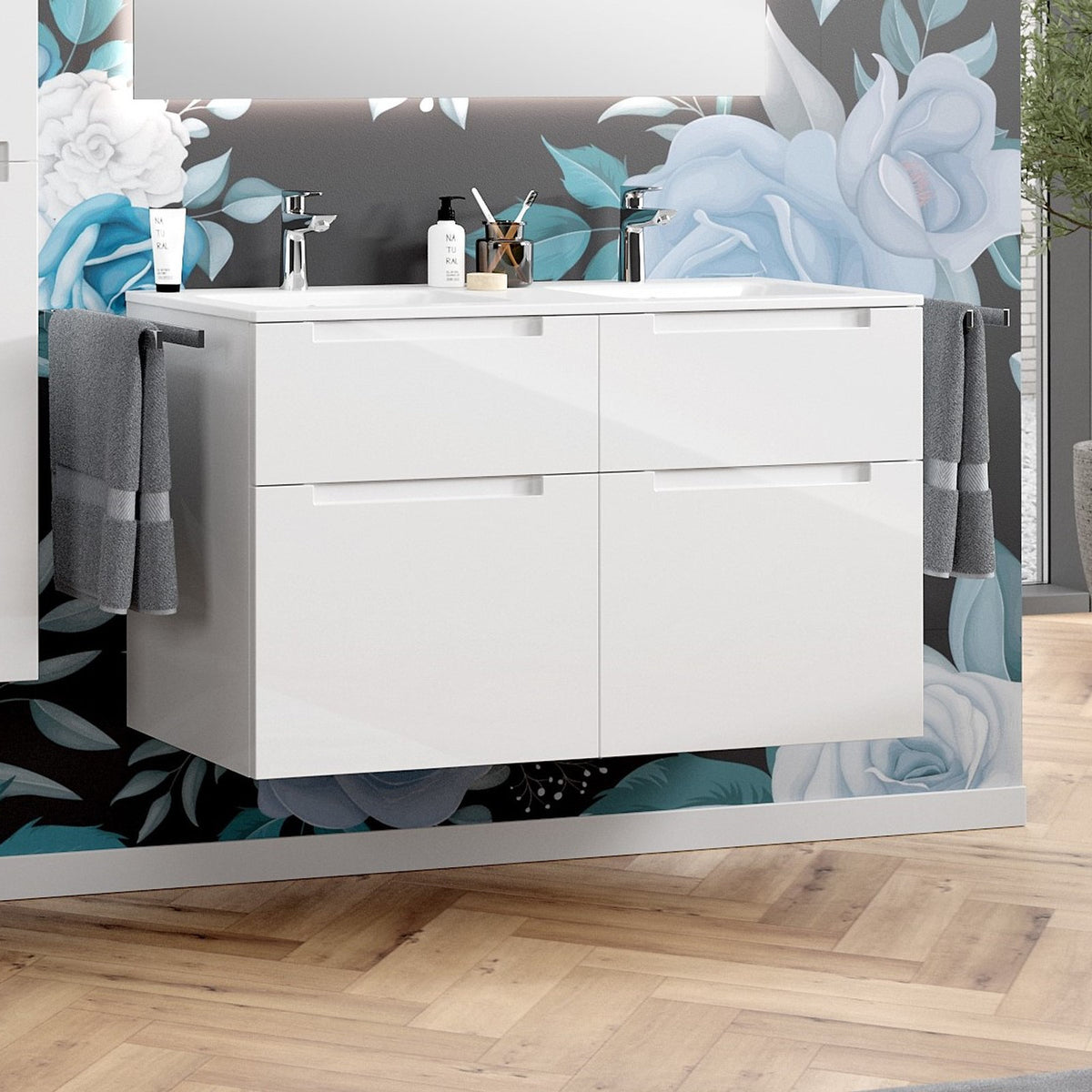 Doppelwaschbecken 120 cm mit Unterschrank mit 4 Schubladen