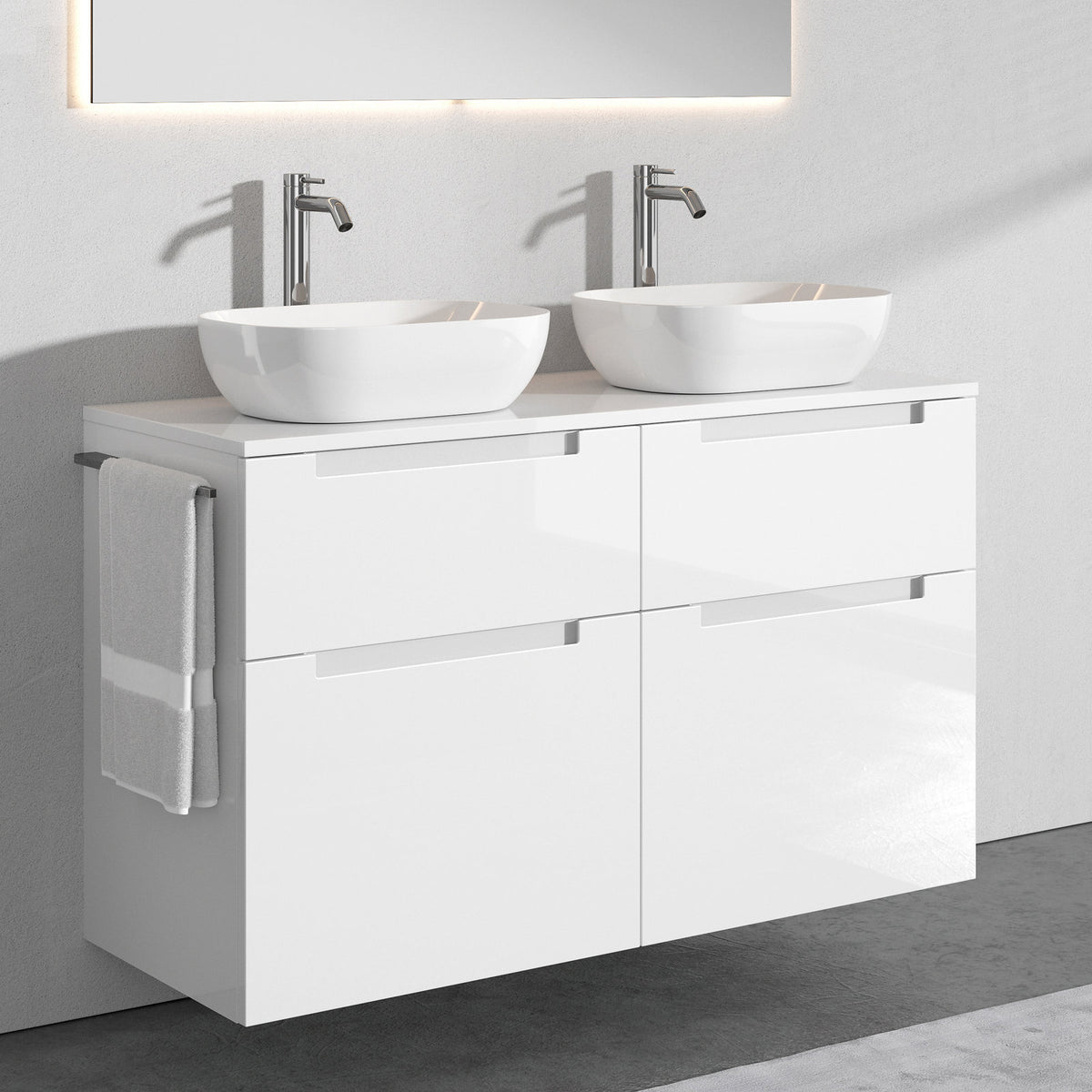 Aufsatz-Waschbecken mit Unterschrank A6 120 cm Weiß glänzend mit 4 Schubladen · 2 Becken