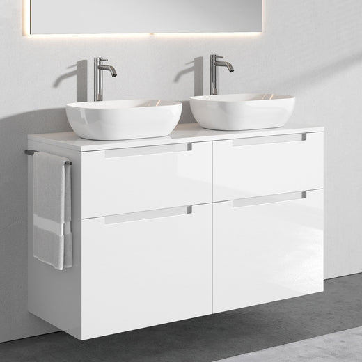 Aufsatz-Waschbecken mit Unterschrank A6 120 cm Weiß glänzend mit 4 Schubladen · 2 Becken