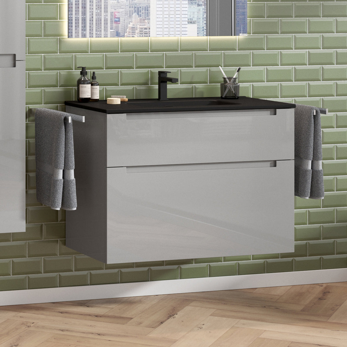 Waschbecken Schwarz matt mit Unterschrank mit 2 Schubladen