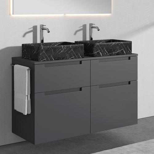 Premium Aufsatz-Waschbecken mit Unterschrank A1 120 cm - Schwarz matt · 4 Schubladen - Anthrazit matt lackiert · 2 Becken