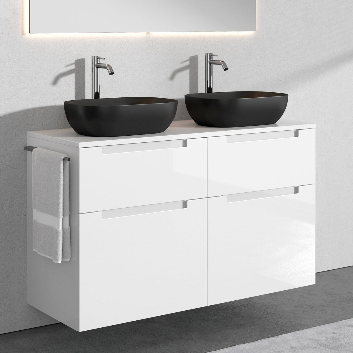 Aufsatz-Waschbecken mit Unterschrank A5 120 cm Schwarz matt mit 4 Schubladen · 2 Becken