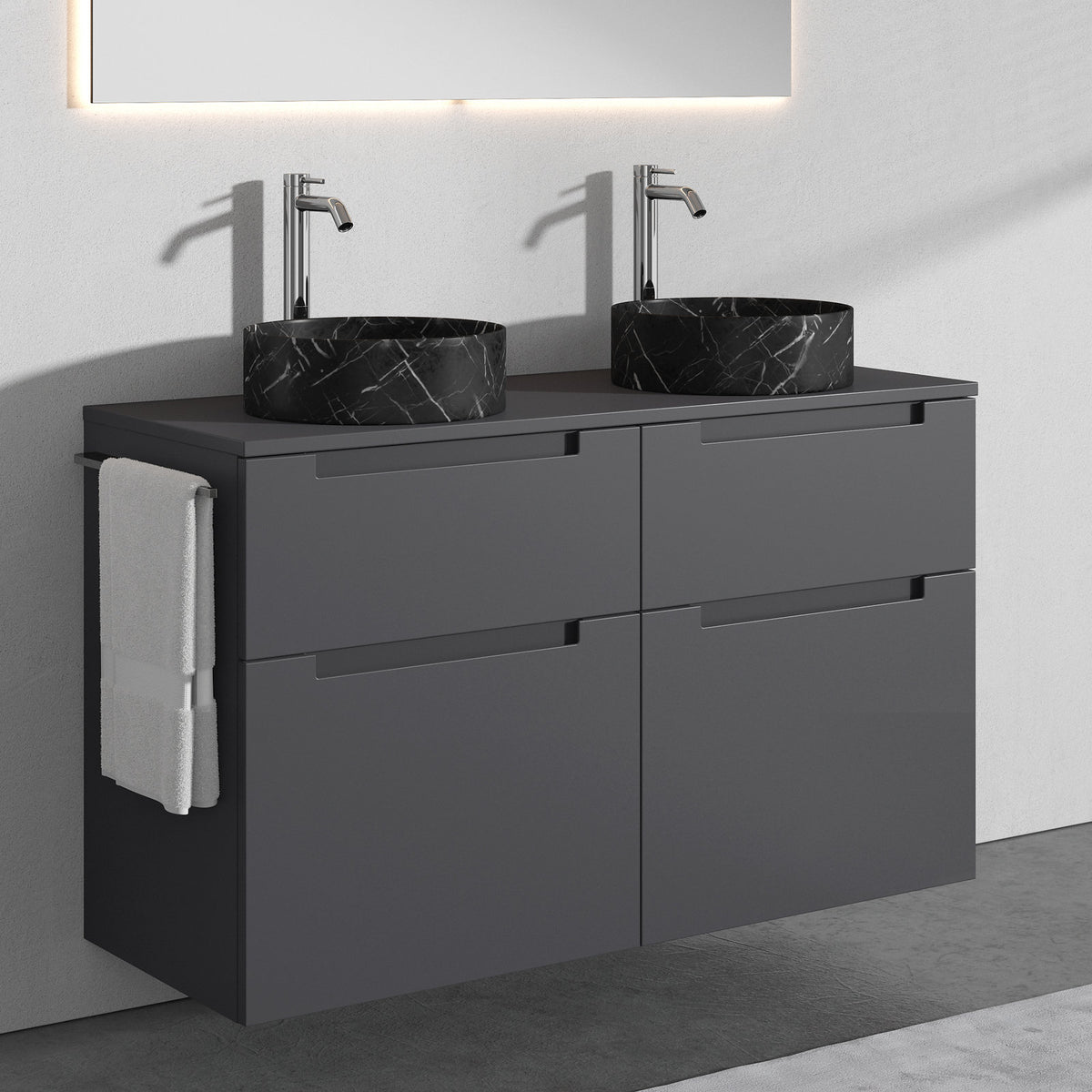 Premium Aufsatz-Waschbecken mit Unterschrank A2 120 cm - Schwarz matt · 4 Schubladen - Anthrazit matt lackiert · 2 Becken