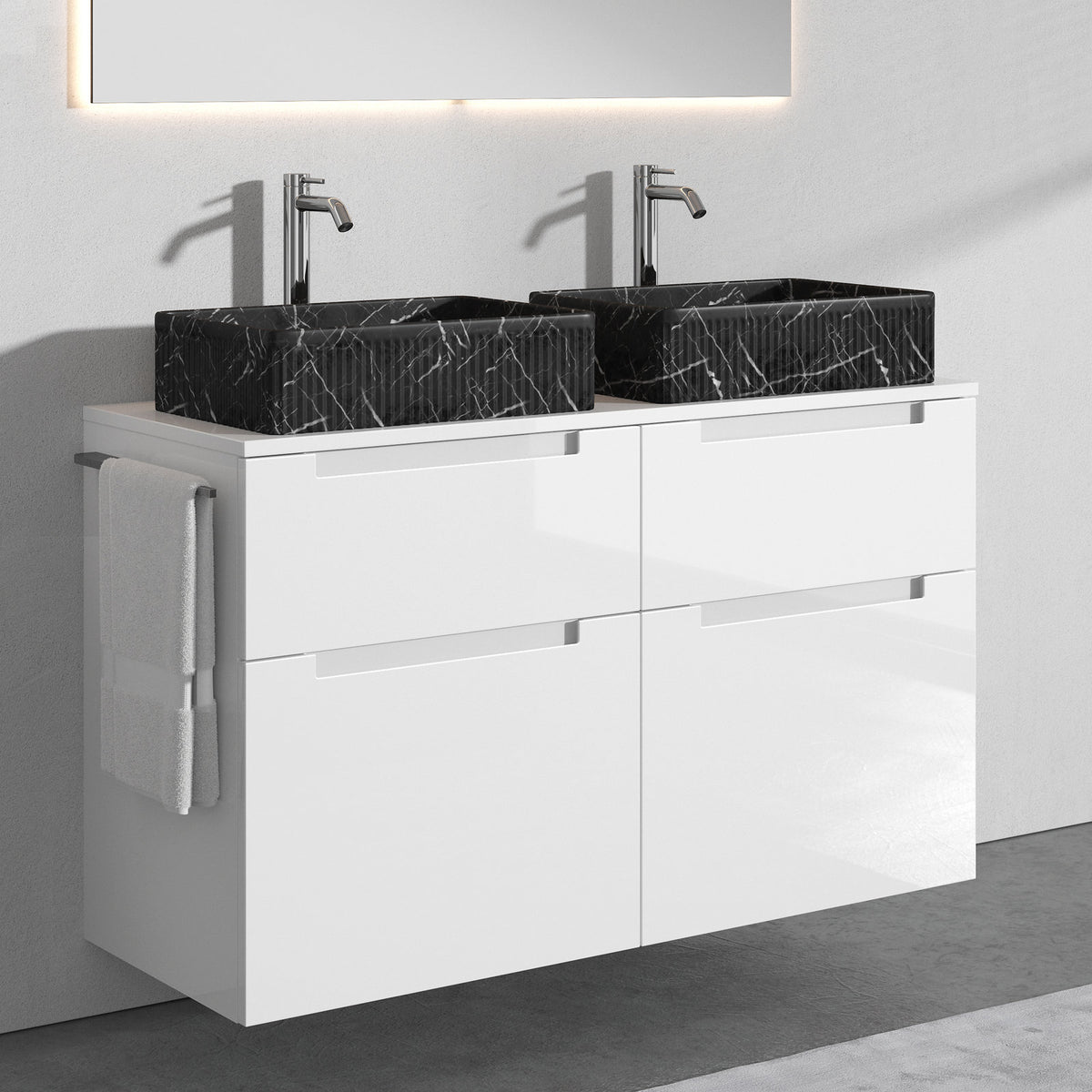 Premium Aufsatz-Waschbecken mit Unterschrank A1 120 cm - Schwarz matt · 4 Schubladen - Weiß glänzend · 2 Becken