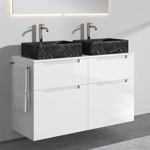Premium Aufsatz-Waschbecken mit Unterschrank A1 120 cm - Schwarz matt · 4 Schubladen - Weiß glänzend · 2 Becken