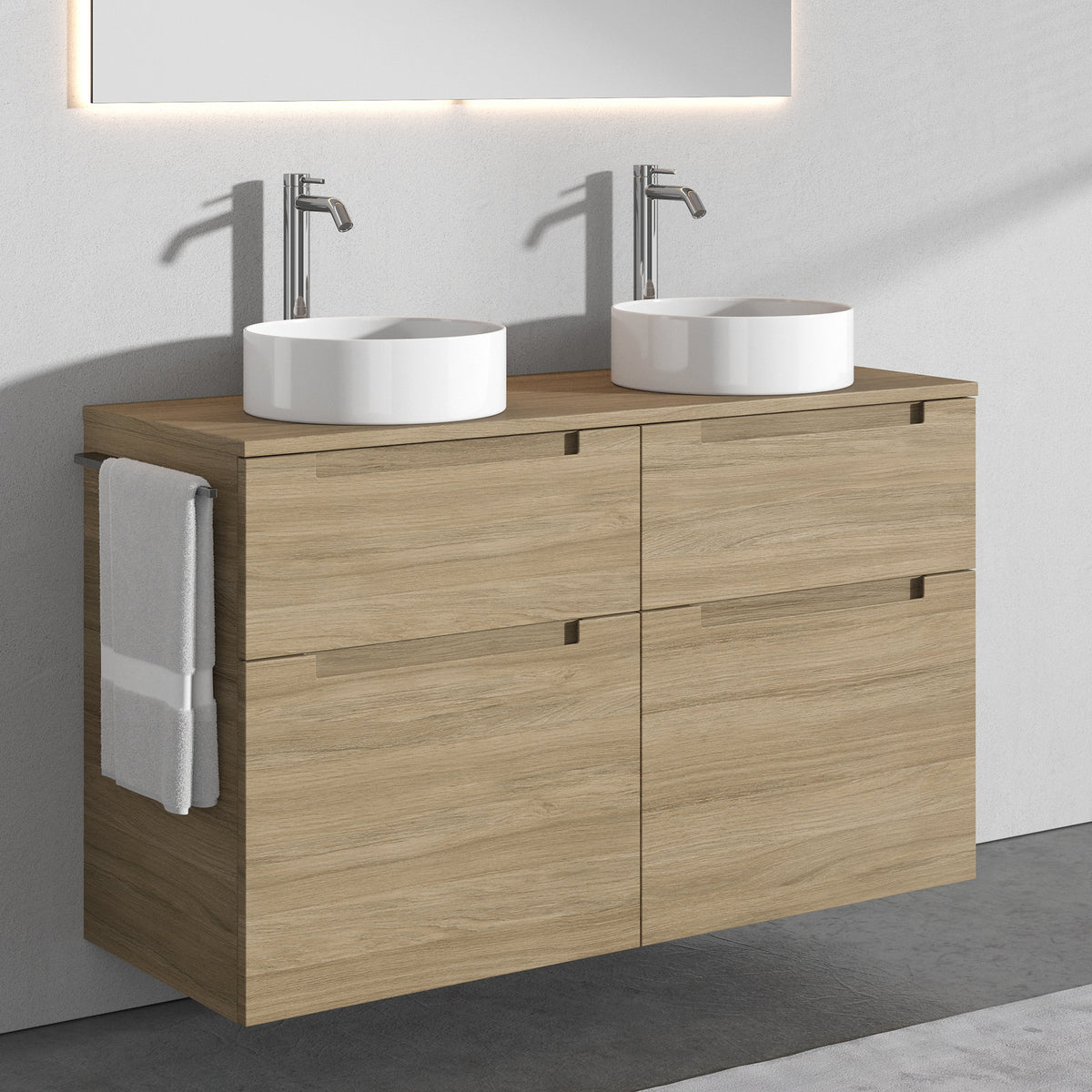 Premium Aufsatz-Waschbecken mit Unterschrank A4 120 cm - Weiß · 4 Schubladen - Eiche Natur · 2 Becken