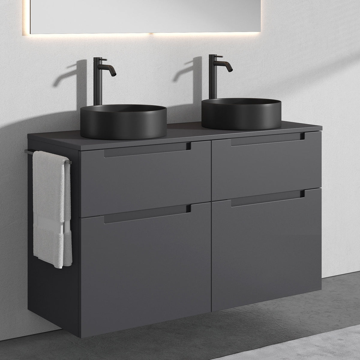 Aufsatz-Waschbecken mit Unterschrank A3 120 cm Schwarz matt mit 4 Schubladen · 2 Becken