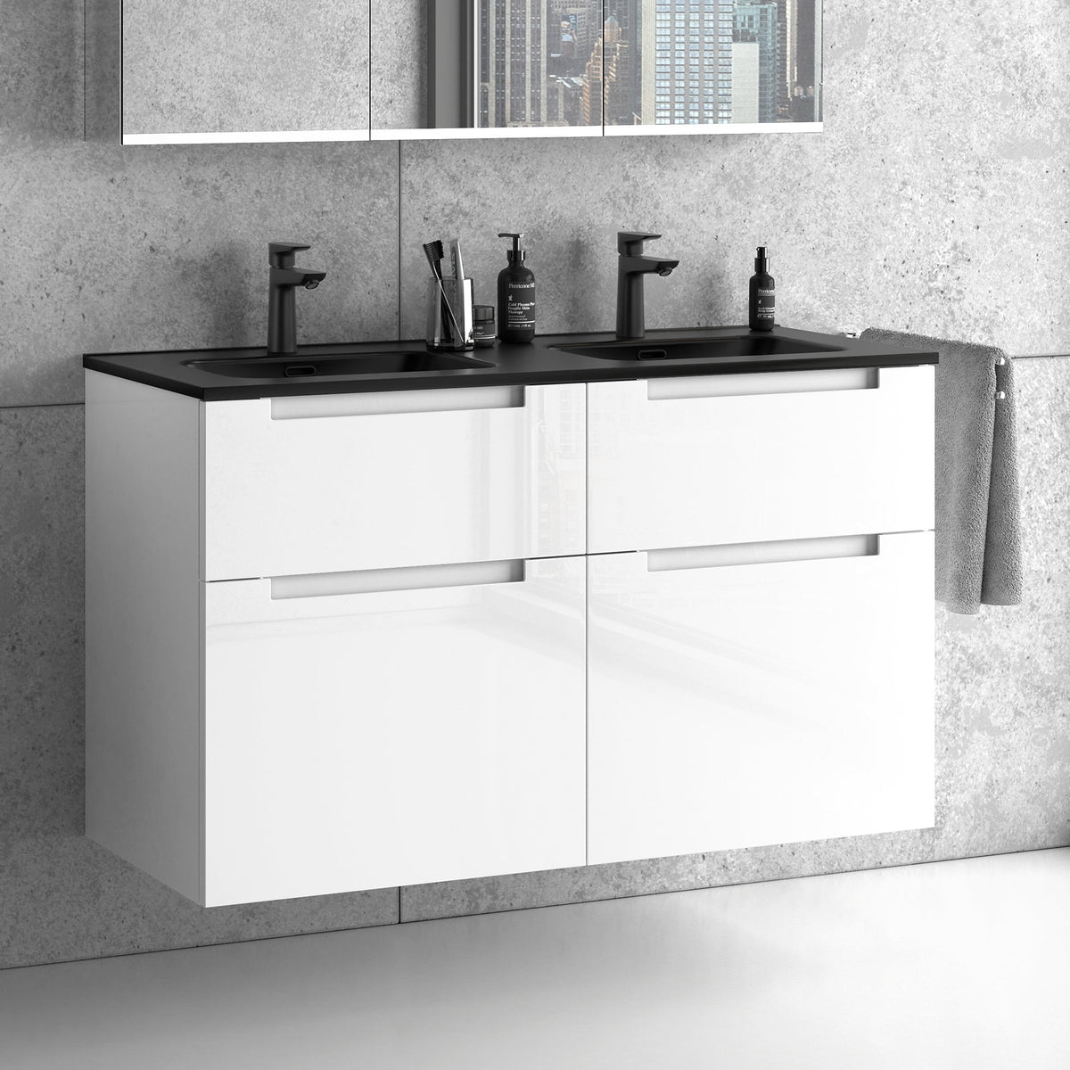 Doppelwaschbecken 120 cm mit Unterschrank mit 4 Schubladen