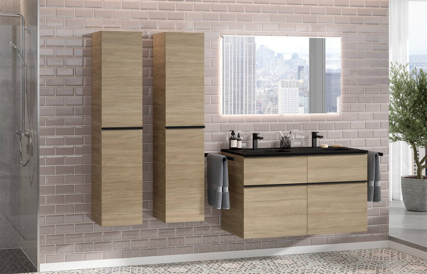 Badmöbel-Set mit Waschbecken, Spiegel und Hochschrank